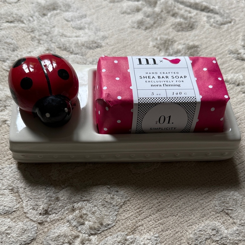 Retired Nora Fleming White pearl dot Soap Dish with Ladybug & Wrapped Soap.
